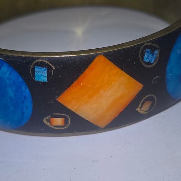 VTG MCM Atomic Cosmic 3/4” Brass Bangle BK OR & BL Bovine Bone Inlay SZ 8.75 - Picture 10 of 10